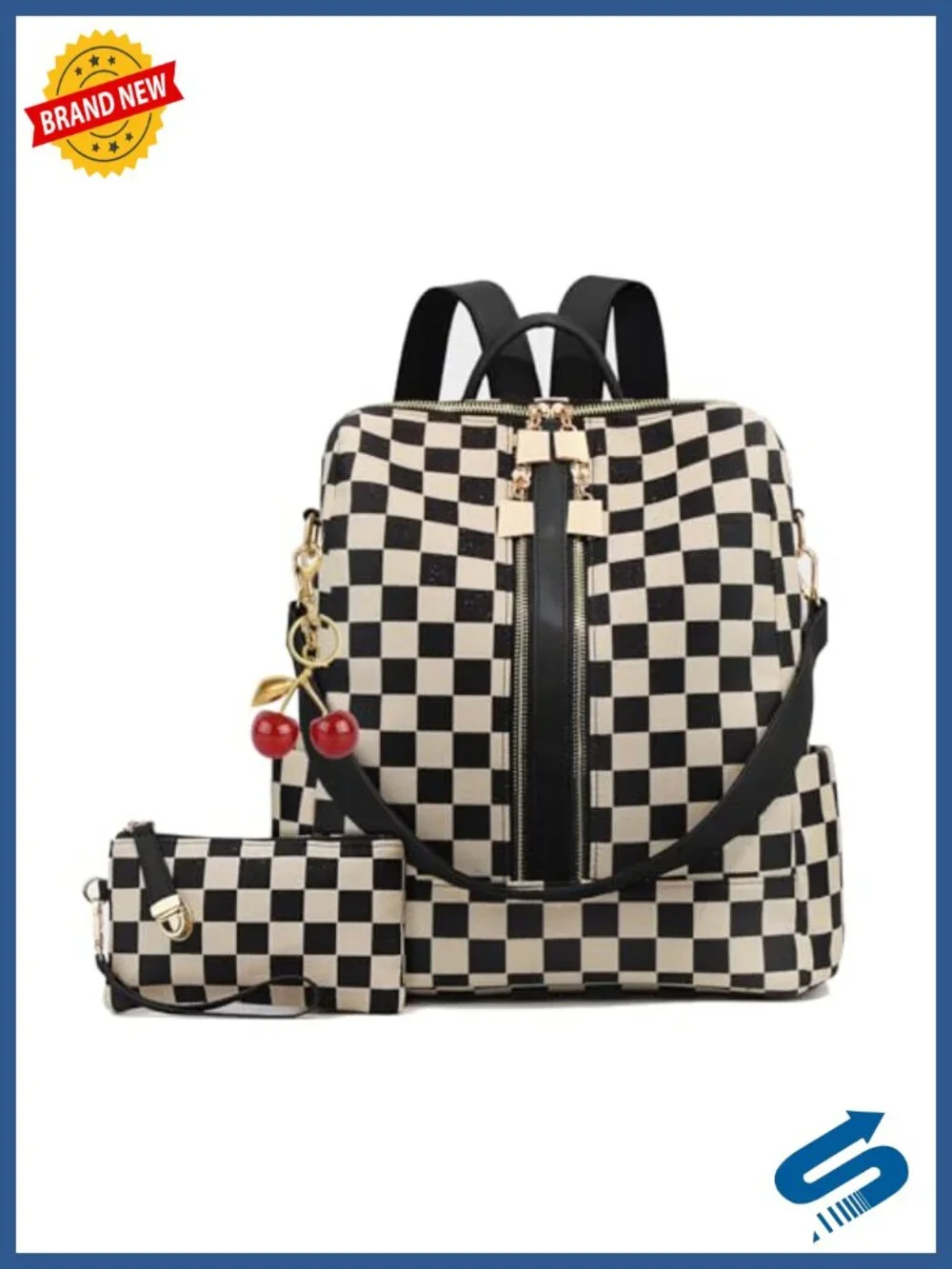 Women's Checkered Leather Backpack with Wallet and Cherry Charm, Multi-Pocket